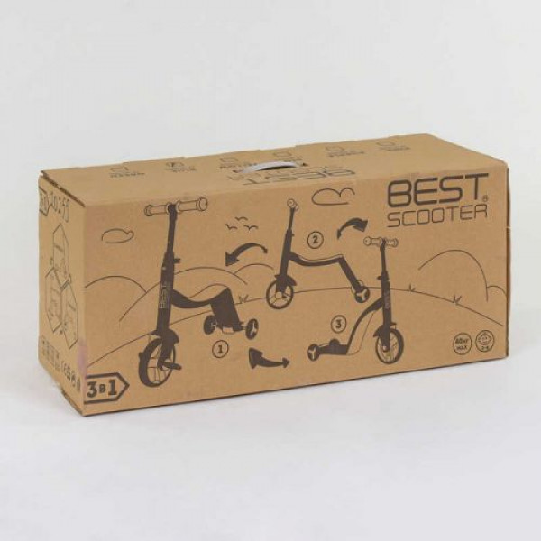 Самокат 3в1 (1) Best Scooter, самокат-велобіг-велосипед, ЧЕРВОНИЙ, світло, 8 мелодій, колеса PU, переднє колесо d = 20см, задні d = 11см