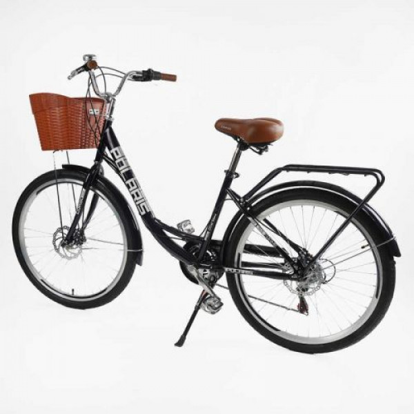 Велосипед міський Corso «Polaris» 26`` PS-36620 + КОШИК БАКЛАЖАНОВИЙ, сталева рама 16.5``, Shimano 7 швидкостей, корзина, багажник