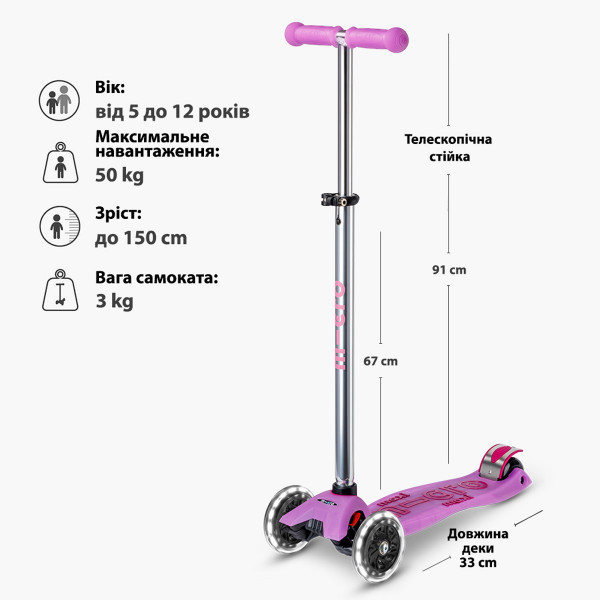 Самокат Micro серії Maxi Deluxe Glow LED – Сяйнисто-пурпуровий