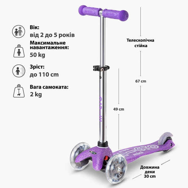 Самокат Micro серії Mini Deluxe Fairy Glitter LED – Пурпуровий