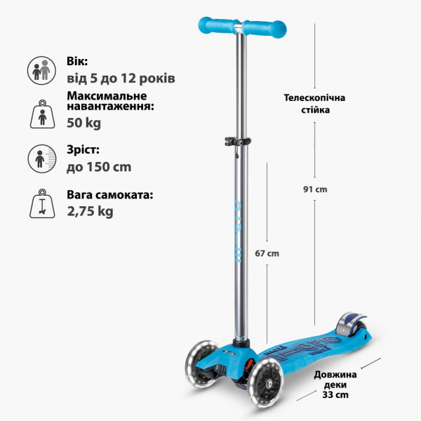 Самокат Micro серії Maxi Deluxe Glow LED Plus - Синій кришталь